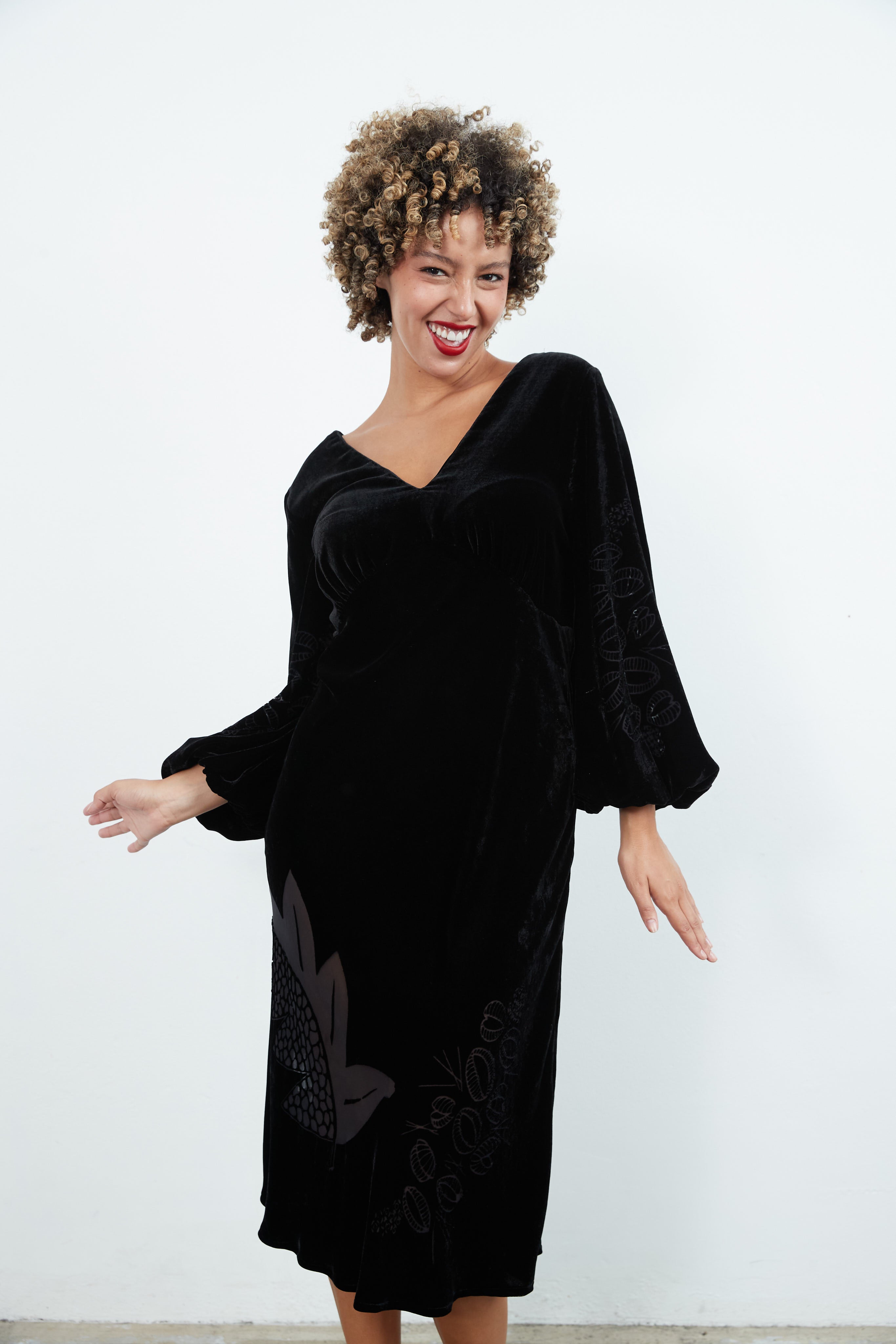 Black devore dress by Sylvia Riley