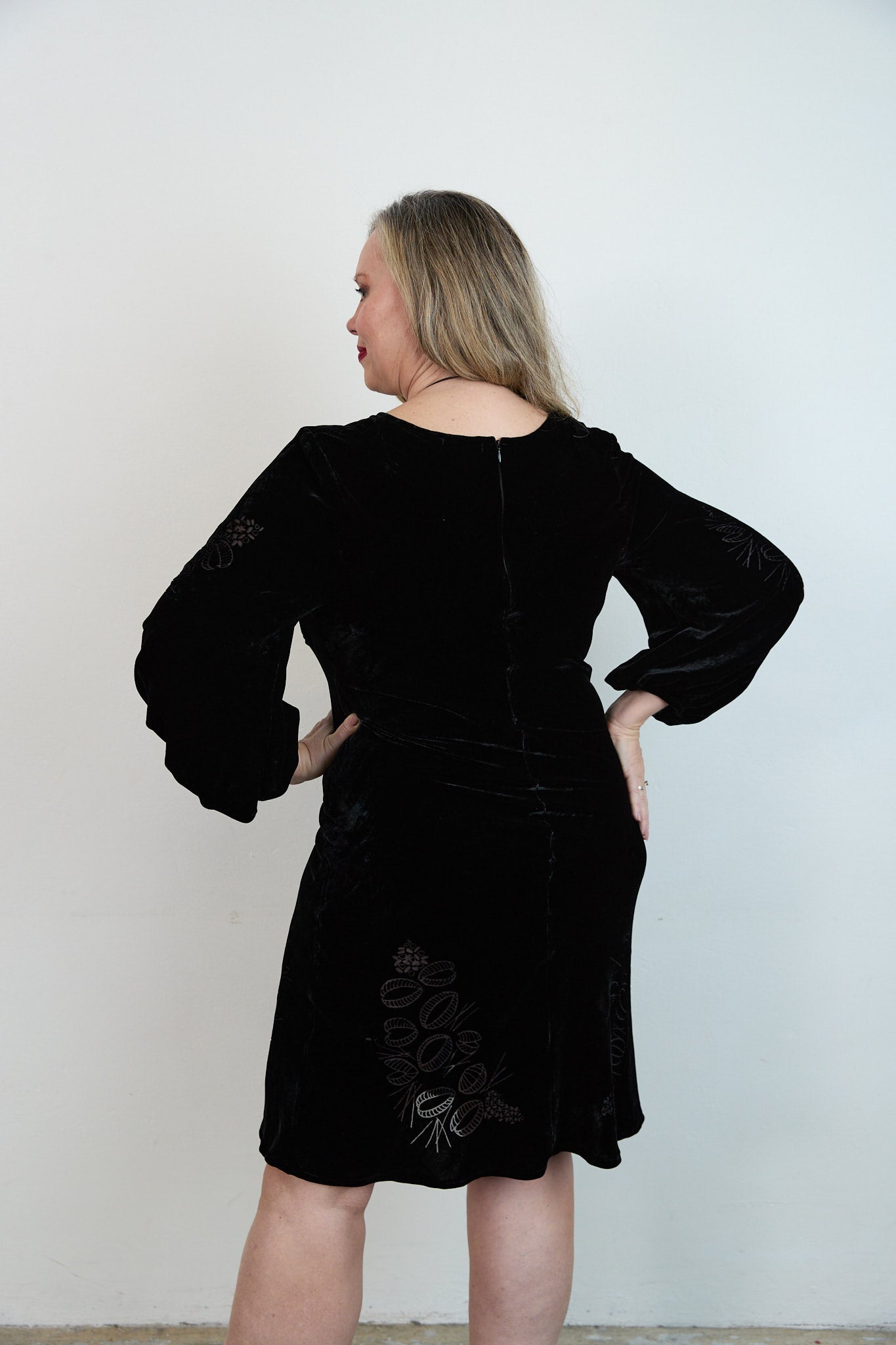 Black devore dress back view