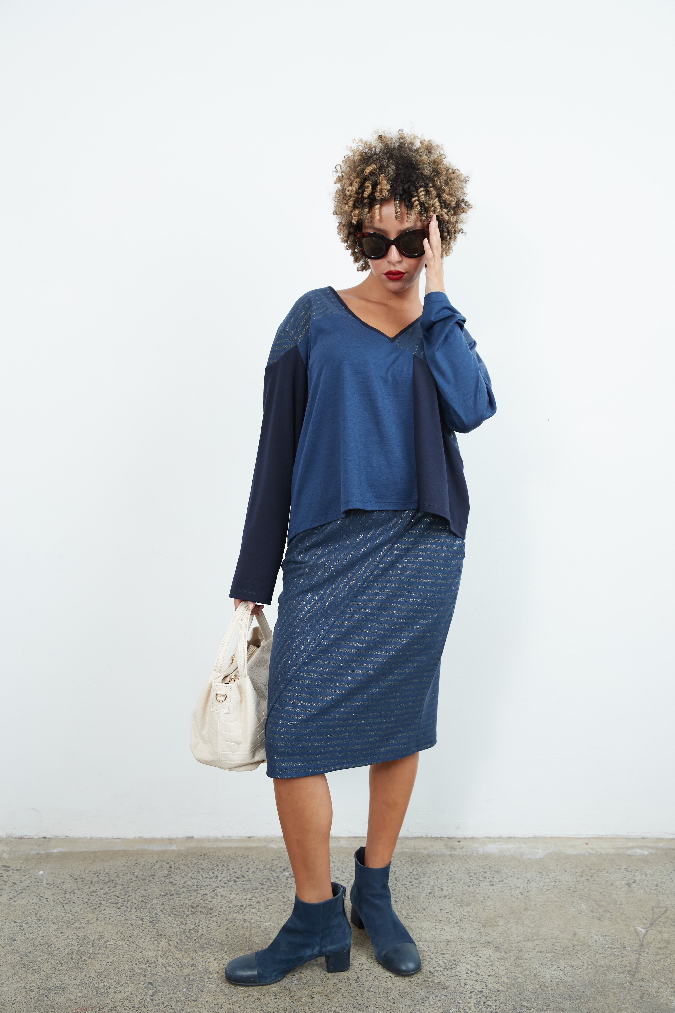 Geo skirt 90%wool 10%lurex stripe, by Sylvia Riley Designs