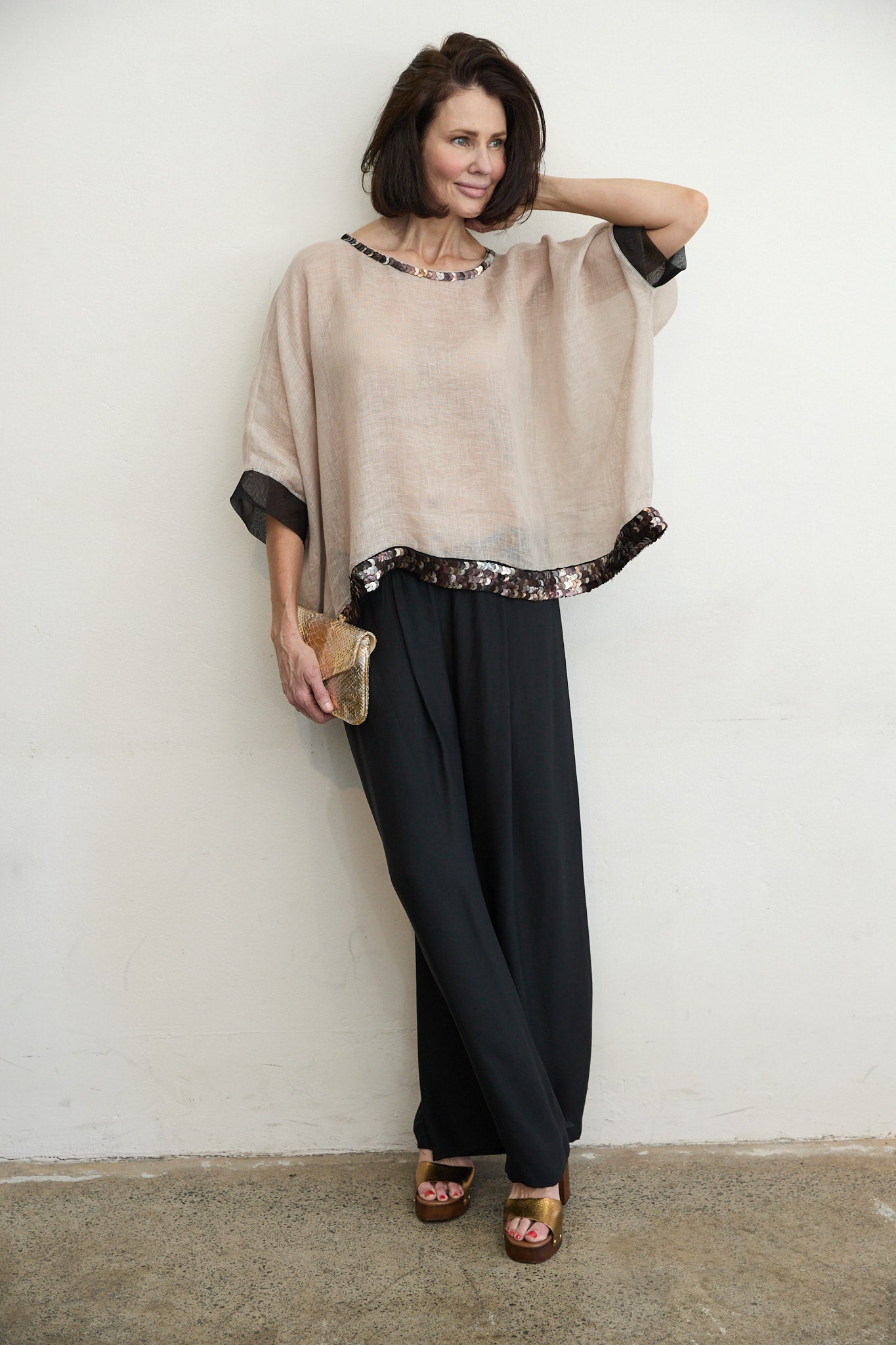 Lucy linen top with sequin trim
