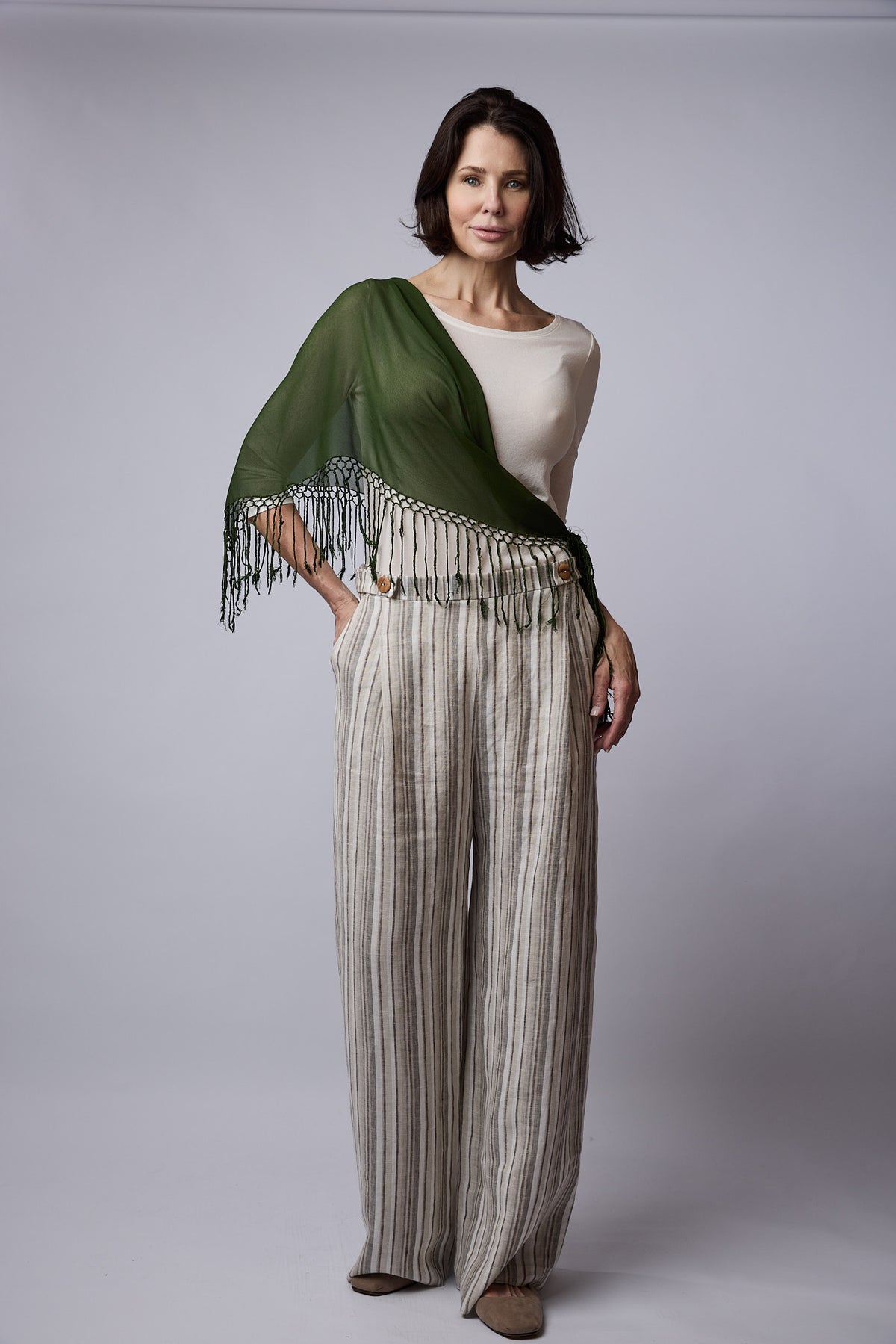 Georgia shawl over one shoulder