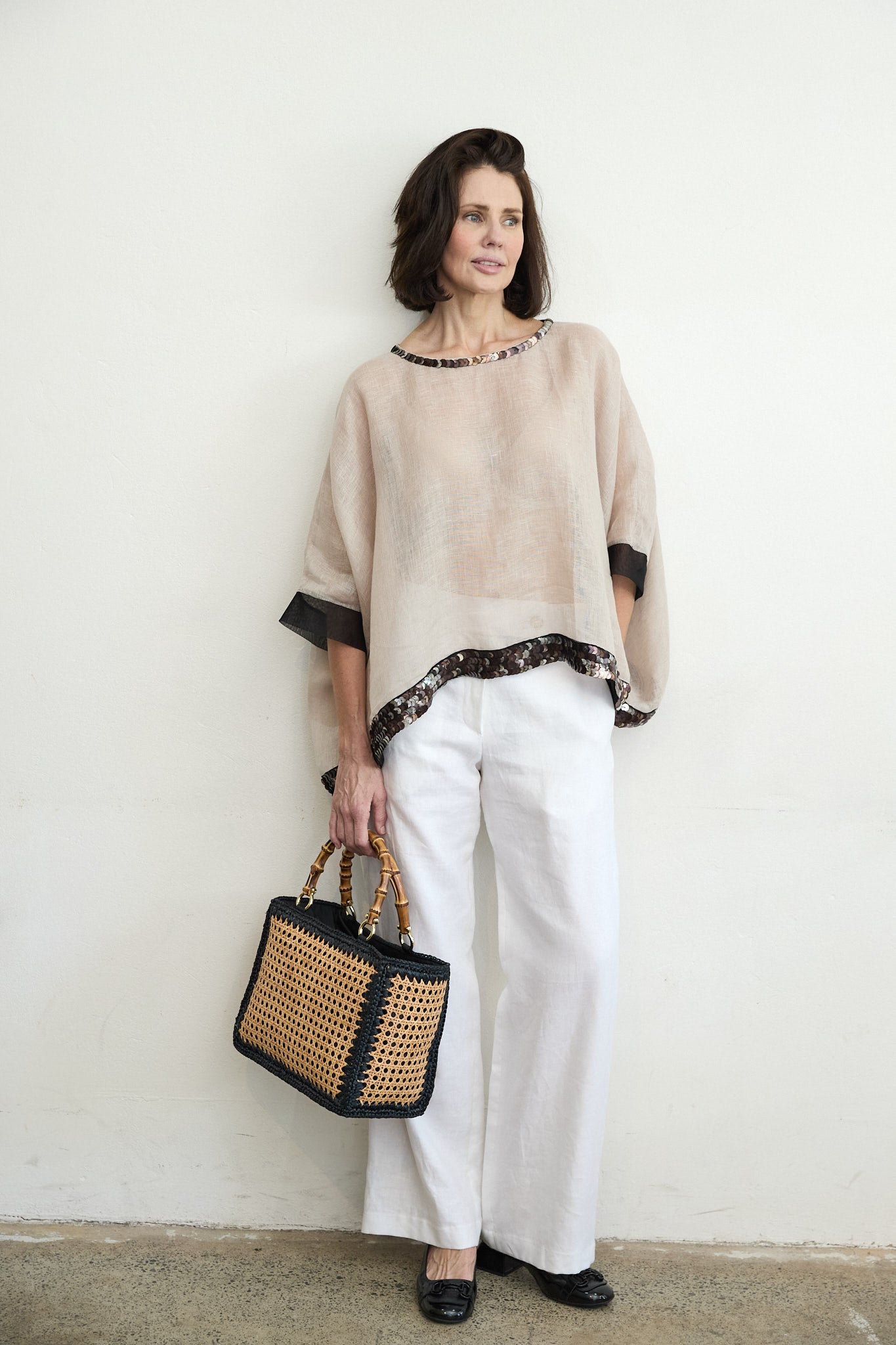 Lucy linen top with sequin trim